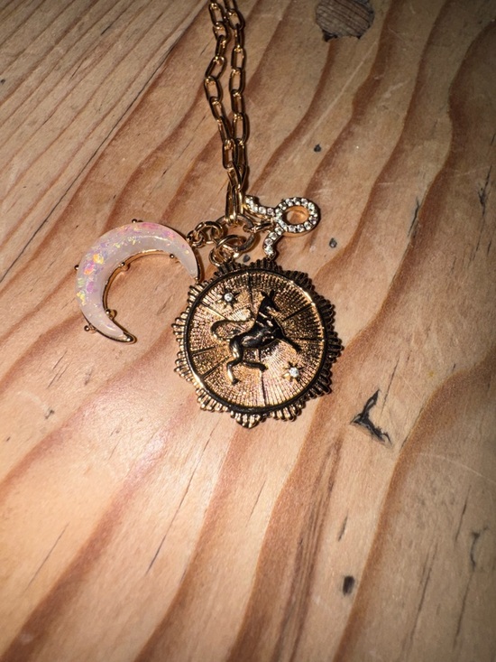 Jewelry - Gold Taurus Medallion Necklace with Opalescent Moon Charm
